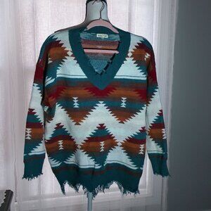 MAIN STRIP Long Sleeve V-Neck Aztec Distressed Color Design Sweater M